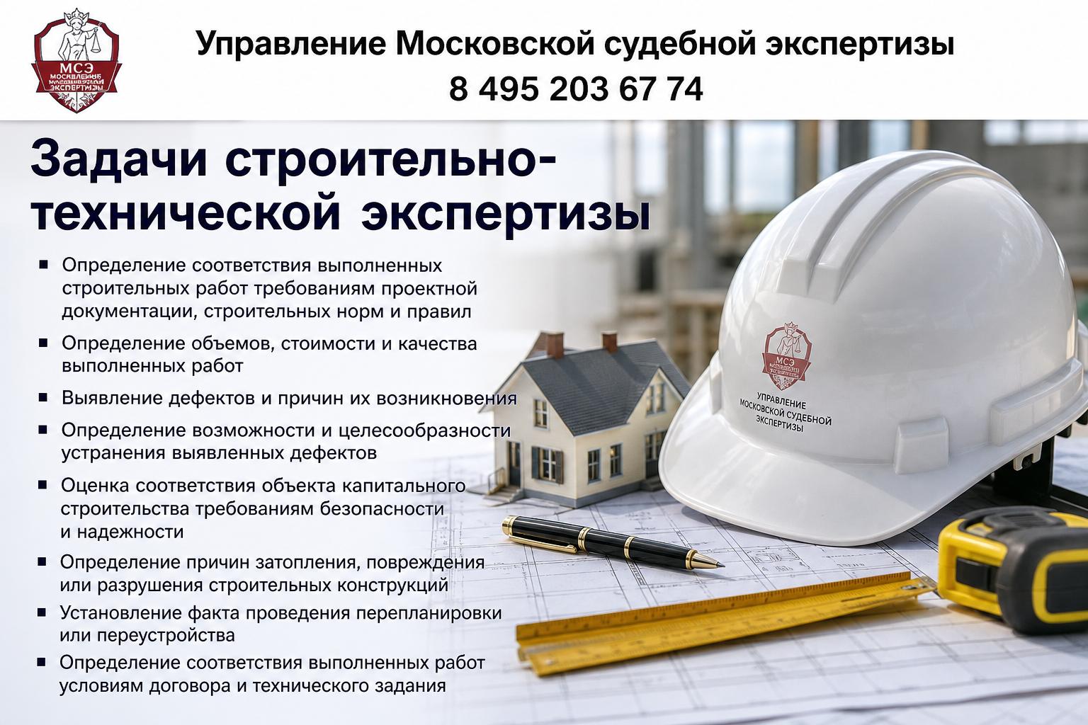 Задачи строительно-технической экспертизы. Указать в верхней части изображения название организации Управление Московской судебной экспертизы и номер телефона 8 495 203 67 74фото