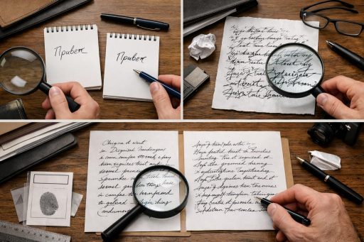 Установление факта изменения почерка: смена пишущей руки, скорописная маскировка и подражание чужому почерку