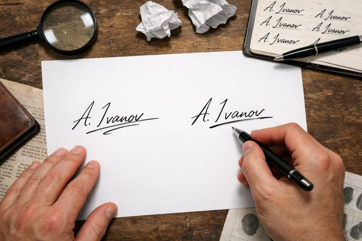 Определение: Подделка подписи: Воспроизведение «на глаз» — человек смотрит на оригинальную подпись, запоминает её особенности и затем повторяет